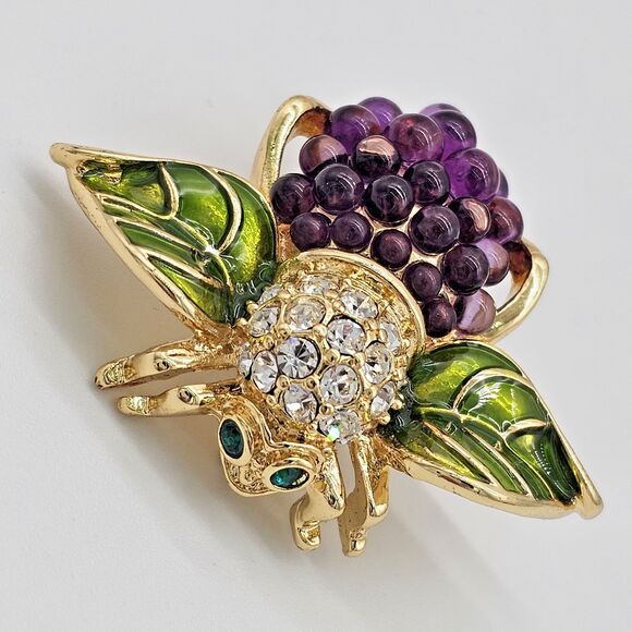 Joan Rivers Bee Brooch Vtg Grape Vine Fruit Cluster Enamel Figural Insect Pin - Picture 1 of 10